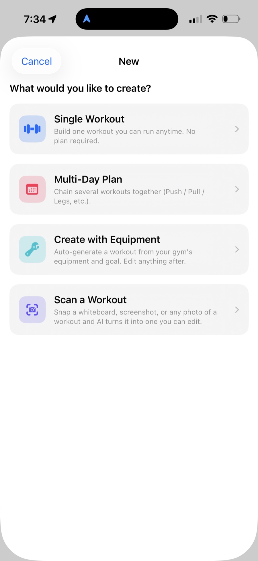 Forgd create menu with an option to auto-generate a workout from your equipment and goal