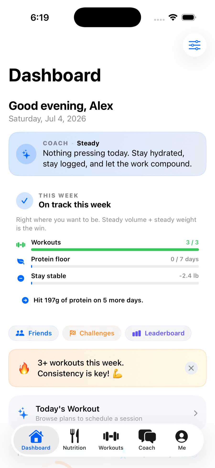 Forgd dashboard, a personalized daily view with a coach note and this week's progress