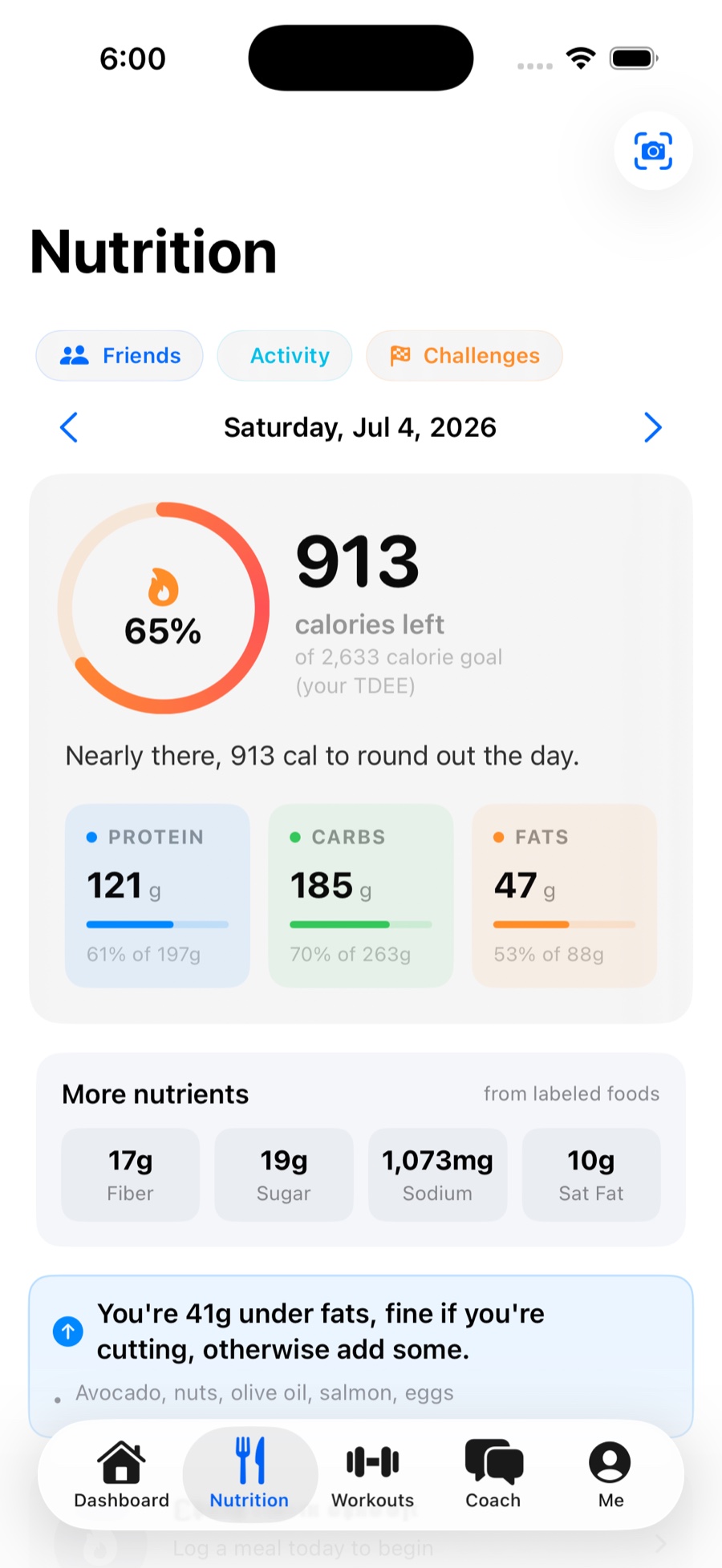 Forgd nutrition screen with calories remaining, a live macro breakdown, and micronutrients